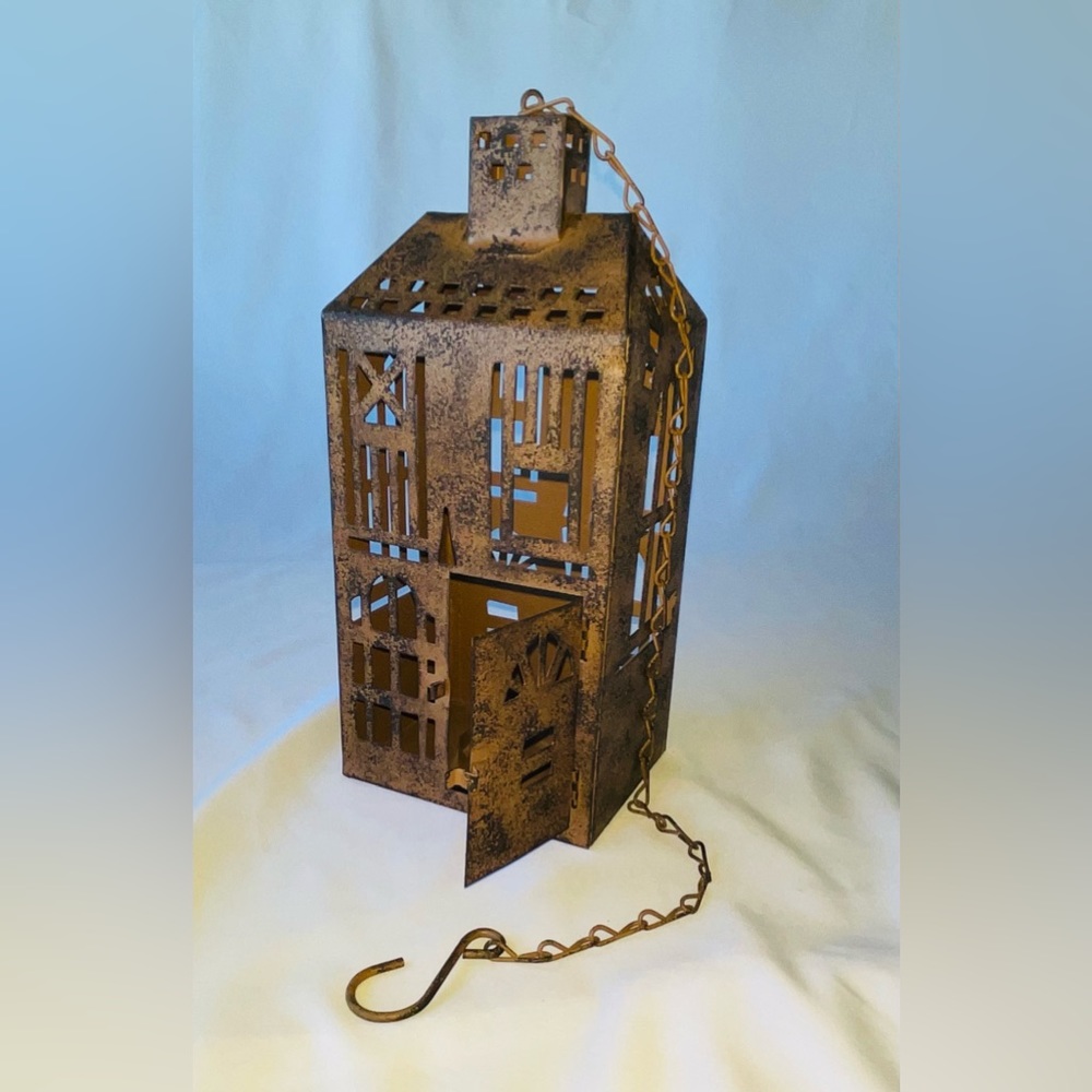Galvanized Large Metal House with Chain Hanger Light Up with Candle NWOT